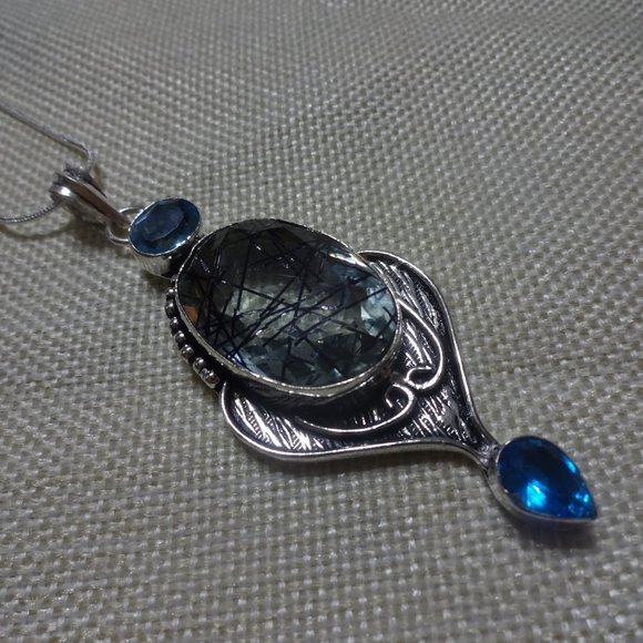 Stunning "TOURMALINE QUARTZ & BLUE TOPAZ" Handmade Sterling Pendant/Chain #452B - Picture 2 of 3